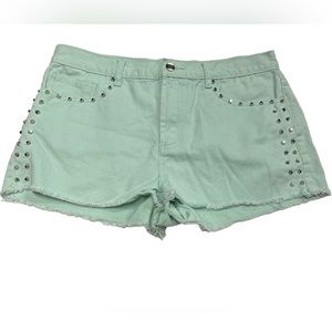 Forever 21 size 31 mint blue colored jean style shorts with stuff along sides!
